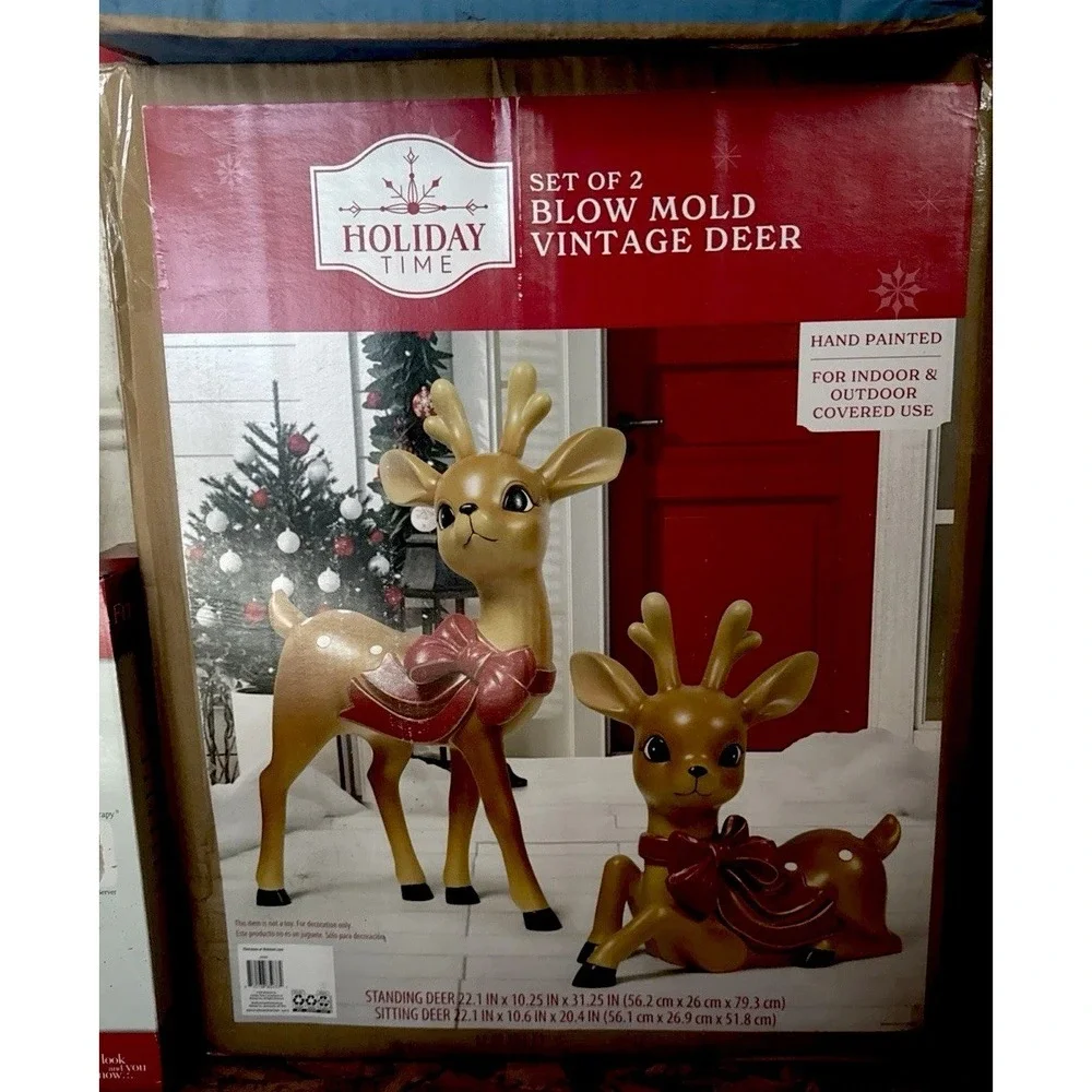Blow Mold Vintage Deer Outdoor Indoor Multicolor Set of 2 Holiday Time NEW